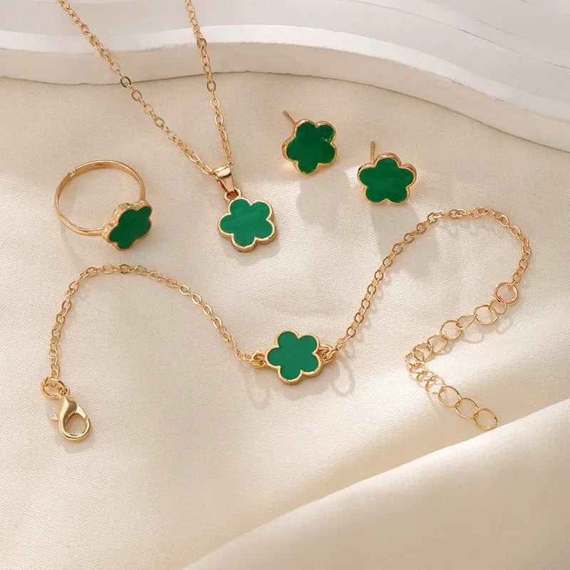 Brincos de trevo com flor de cinco pétalas da sorte, colar, anel, pulseira, conjunto de quatro peças para mulheres, acessórios da moda